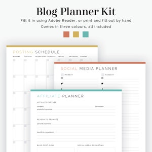 May include: A printable blog planner kit with a posting schedule, social media planner, and affiliate planner. The planner is available in three colors: orange, yellow, and teal.