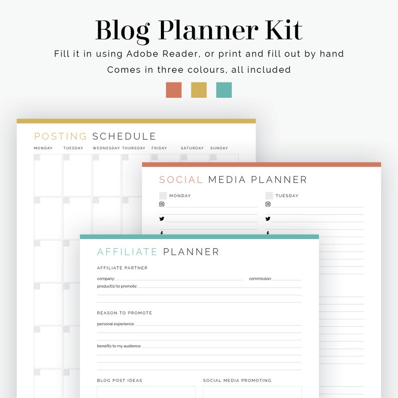 May include: A printable blog planner kit with a posting schedule, social media planner, and affiliate planner. The planner is available in three colors: orange, yellow, and teal.