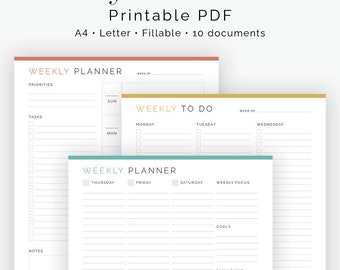 Weekly Planner Bundled Kit (10 documents) - Fillable - Printable PDF - Task Management, Productivity Planner - Instant Download