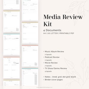 Mediareviewkit - 4 documenten - film, tv-show, podcast, muziekrecensie - invulbaar - afdrukbare pdf - direct downloaden