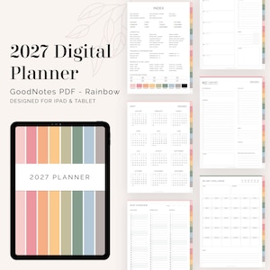 May include: A 2027 digital planner for iPad and tablet, featuring a rainbow-striped cover with the text 2027 PLANNER. The set includes various page layouts such as an index, a yearly calendar, a monthly overview, and a 30-day challenge tracker.