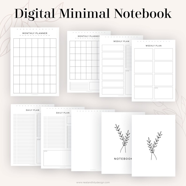 May include: A digital notebook planner with a minimalist design. The pages include monthly, weekly, and daily planners, as well as a blank notebook page with a simple floral design. The text "Digital Minimal Notebook" and "NOTEBOOK" are visible on the pages.
