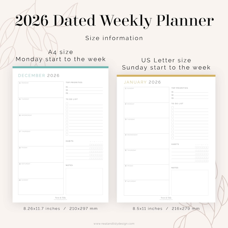 2026 Weekly Dated Planner, Fillable and Printable PDF - 2026 Weekly ...