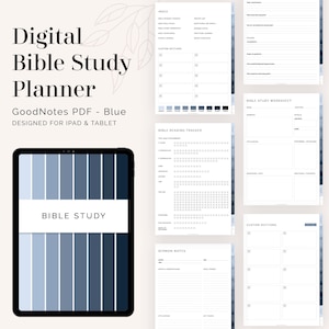 Digital bibelstudieplanerare för GoodNotes (blå) (porträtt) - Hyperlänkad digital bibelstudie i nyanser av blått - direktnedladdning