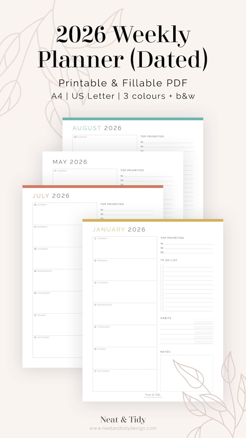 2026 Weekly Dated Planner, Fillable and Printable PDF - 2026 Weekly ...