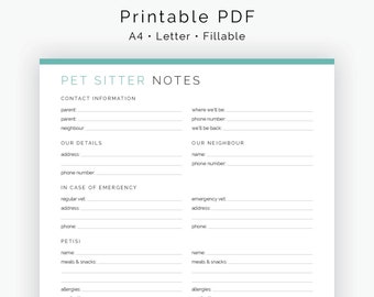 Pet Sitter Notes - Fillable - Printable PDF - Household Management, Travel Planner - Instant Download