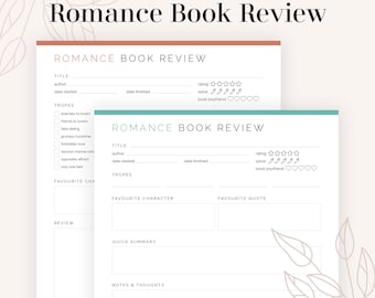 Romance Book Review Printable | Review Template for Romance Novels, Reading Journal | Fillable, Printable PDF | Instant Download