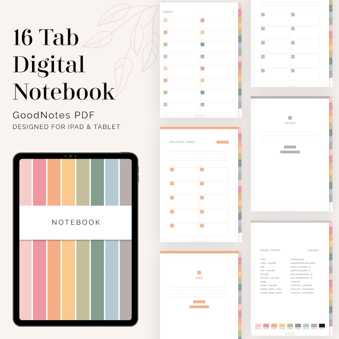 Digital 16-tab Notebook With 10 Sub-sections per Tab for Goodnotes ...