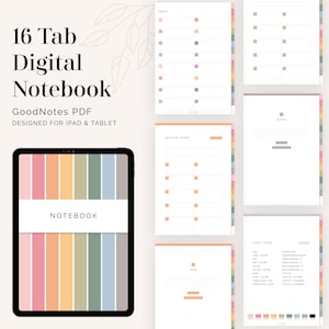 Puede incluir: Un cuaderno digital con 16 pestañas, diseñado para usar con la aplicación GoodNotes en iPad y tableta. La portada presenta un diseño a rayas de colores con la palabra "NOTEBOOK" en texto blanco.