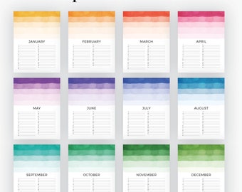 Printable Perpetual Wall Calendar (Colourful Gradient) - Printable PDF - Time Tracker & Planner - Household Calendar- Instant Download