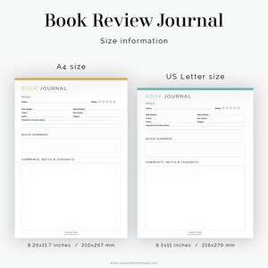 K&ouml;nnte beinhalten: Zwei druckbare Buchrezensions-Journalvorlagen im Format A4 und US Letter. Die Vorlagen beinhalten Abschnitte f&uuml;r Titel, Autor, Startdatum, Enddatum, Bewertung, Genre, Belletristik/Sachbuch, Thema, kurze Zusammenfassung und Kommentare, Notizen & Gedanken.