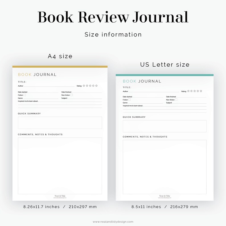 K&ouml;nnte beinhalten: Zwei druckbare Buchrezensions-Journalvorlagen im Format A4 und US Letter. Die Vorlagen beinhalten Abschnitte f&uuml;r Titel, Autor, Startdatum, Enddatum, Bewertung, Genre, Belletristik/Sachbuch, Thema, kurze Zusammenfassung und Kommentare, Notizen & Gedanken.