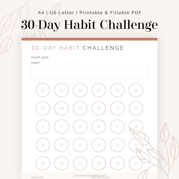 30-Day Habit Challenge Tracker - Fillable - Printable PDF - New Year Resolution, Goal Tracker - Instant Download