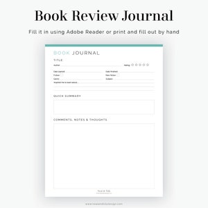 K&ouml;nnte beinhalten: Eine druckbare Buchrezensionsjournal-Vorlage mit Abschnitten f&uuml;r Titel, Autor, Startdatum, Enddatum, Genre, hat mich inspiriert, &uuml;ber zu lernen, kurze Zusammenfassung, Kommentare, Notizen und Gedanken sowie Bewertung. Die Vorlage ist zum Ausf&uuml;llen von Hand oder mit Adobe Reader konzipiert.