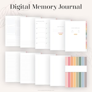 May include: Digital Memory Journal printable pages with a variety of layouts including lined, grid, photo, custom sections, notes templates, and a colorful striped cover.