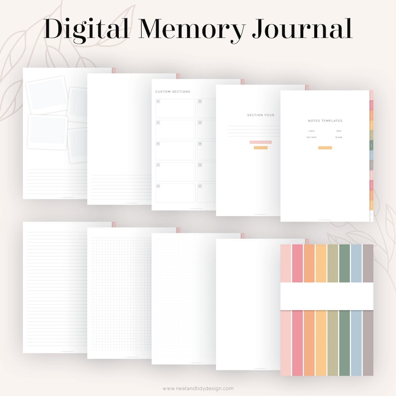 May include: Digital Memory Journal printable pages with a variety of layouts including lined, grid, photo, custom sections, notes templates, and a colorful striped cover.