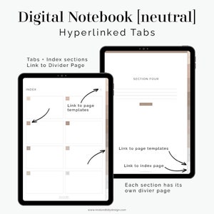 Op de afbeelding: Een digitale notitieboek-app-interface met een neutraal kleurenschema. De app heeft hyperlinks naar tabbladen en indexsecties. De indexsectie bevat een lijst met pagina-sjablonen en een link naar de scheidingspagina. De sectie vier pagina heeft een link naar de indexpagina en een link naar de pagina-sjablonen. De tekst "Elke sectie heeft zijn eigen scheidingspagina" wordt onderaan het scherm weergegeven.