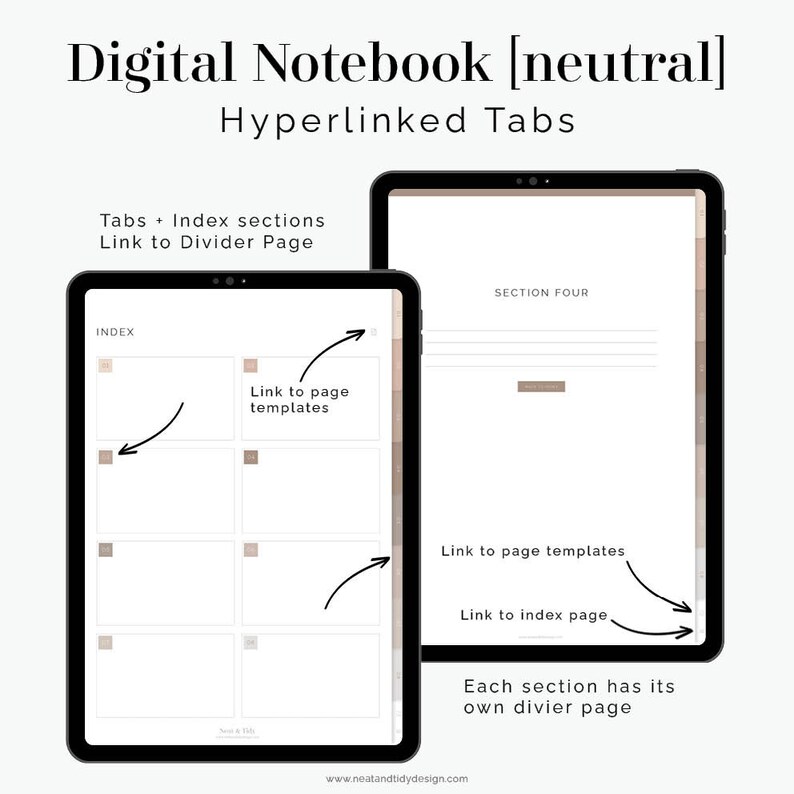Op de afbeelding: Een digitale notitieboek-app-interface met een neutraal kleurenschema. De app heeft hyperlinks naar tabbladen en indexsecties. De indexsectie bevat een lijst met pagina-sjablonen en een link naar de scheidingspagina. De sectie vier pagina heeft een link naar de indexpagina en een link naar de pagina-sjablonen. De tekst "Elke sectie heeft zijn eigen scheidingspagina" wordt onderaan het scherm weergegeven.