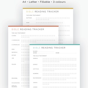 Puede incluir: Plantilla de seguimiento de lectura de la Biblia imprimible con un esquema de color marr&oacute;n, verde azulado y dorado. El seguimiento incluye una lista de libros del Antiguo y Nuevo Testamento con una cuadr&iacute;cula para marcar los d&iacute;as le&iacute;dos.