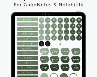 Digital Stickers for GoodNotes planners - vol 2 - 1580 stickers in 8 shades of green + black & white - Instant Download