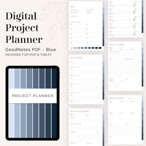 Op de afbeelding: Een digitale projectplanner voor iPad en tablet in GoodNotes PDF-formaat. De planner heeft een blauw kleurenschema en bevat secties voor doelstelling, projectplanning en weekplanning.