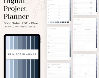 Może przedstawiać: Cyfrowy planer projektów dla iPada i tabletu w formacie GoodNotes PDF. Planer zawiera niebieską paletę kolorów i sekcje do ustalania celów, planowania projektów i planowania tygodniowego.