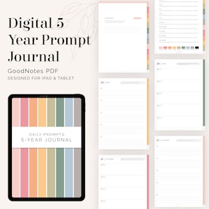 Könnte beinhalten: Ein digitales 5-Jahres-Tagebuch mit täglichen Aufforderungen. Das Cover zeigt ein farbenfrohes gestreiftes Design mit dem Text "Daily Prompts 5-Year Journal". Das Tagebuch ist für die Verwendung mit der GoodNotes-App auf iPad und Tablet konzipiert.
