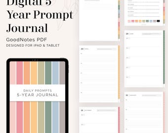 Digital 5-Year Daily Prompt Journal | 365 Unique Self-Reflection Prompts |  Hyperlinked Goodnotes, Notability Planner | Instant Download