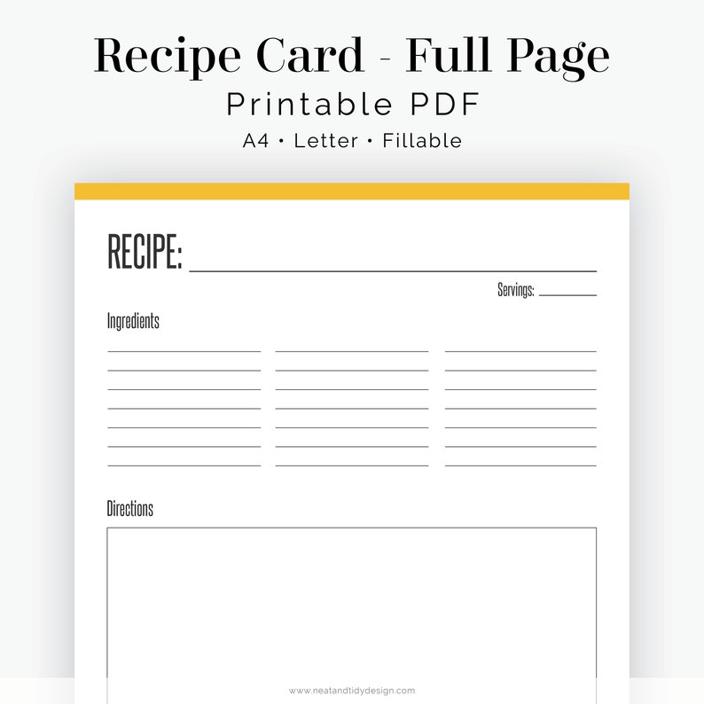 Recipe Card, Full page Fillable Recipe card, letter and A4 size Instant download Printable PDF image 1