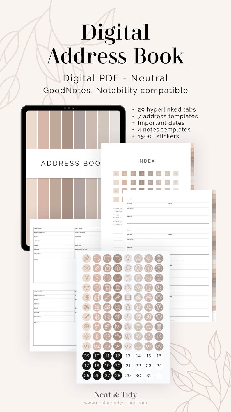 Digital Address Book for Goodnotes & Notability (neutral) - Hyperlinked ...