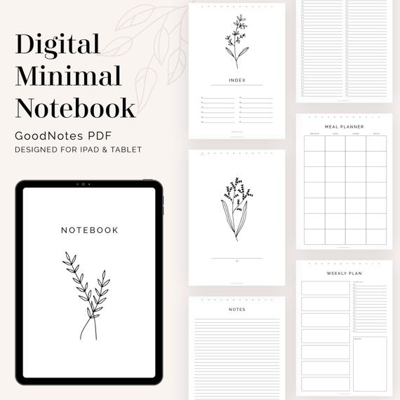 Digital Minimal Botanical Notebook for GoodNotes (Light) - 12 Hyperlinked Tabs - Digital Flexible Portrait Notebook - Instant Download