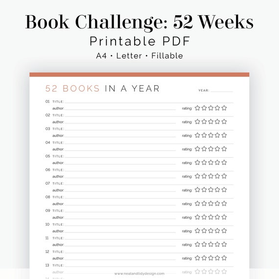 Reading Challenge 52 Books in a Year Fillable Printable Etsy