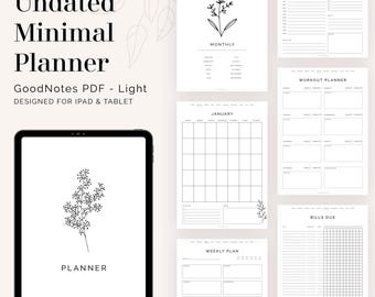 Digital Minimal Undated Planner for GoodNotes & Notability (Light) | Flexible Floral Calendar, Flower illustrations | Instant Download