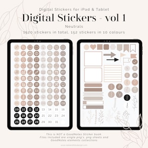 Puede incluir: Un paquete de pegatinas digitales para iPad y tableta con 1520 pegatinas de color neutro en 10 colores. Las pegatinas incluyen iconos, formas y elementos florales. El texto de la imagen dice "Digital Stickers - vol 1 Neutrals 1520 stickers in total, 152 stickers in 10 colours".