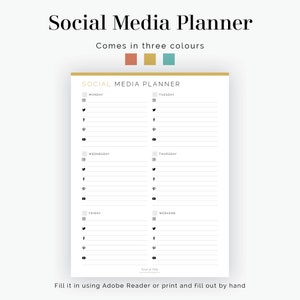 May include: A printable social media planner with a gold border and the text "Social Media Planner" and "Comes in three colours". The planner is divided into columns for each day of the week, with sections for Instagram, Twitter, Facebook, Pinterest, and YouTube.