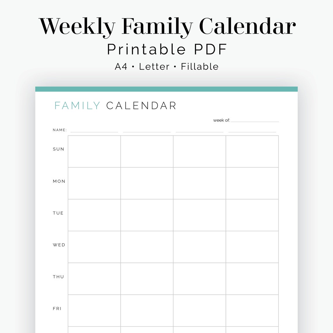 Weekly Family Calendar Fillable Printable PDF Time - Etsy