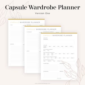 May include: A printable capsule wardrobe planner with three pages. The pages are titled "Tops, Bottoms", "Outerwear, Swimwear/Activewear", and "Overview". The planner includes sections for listing wardrobe goals, style themes, and color palettes.