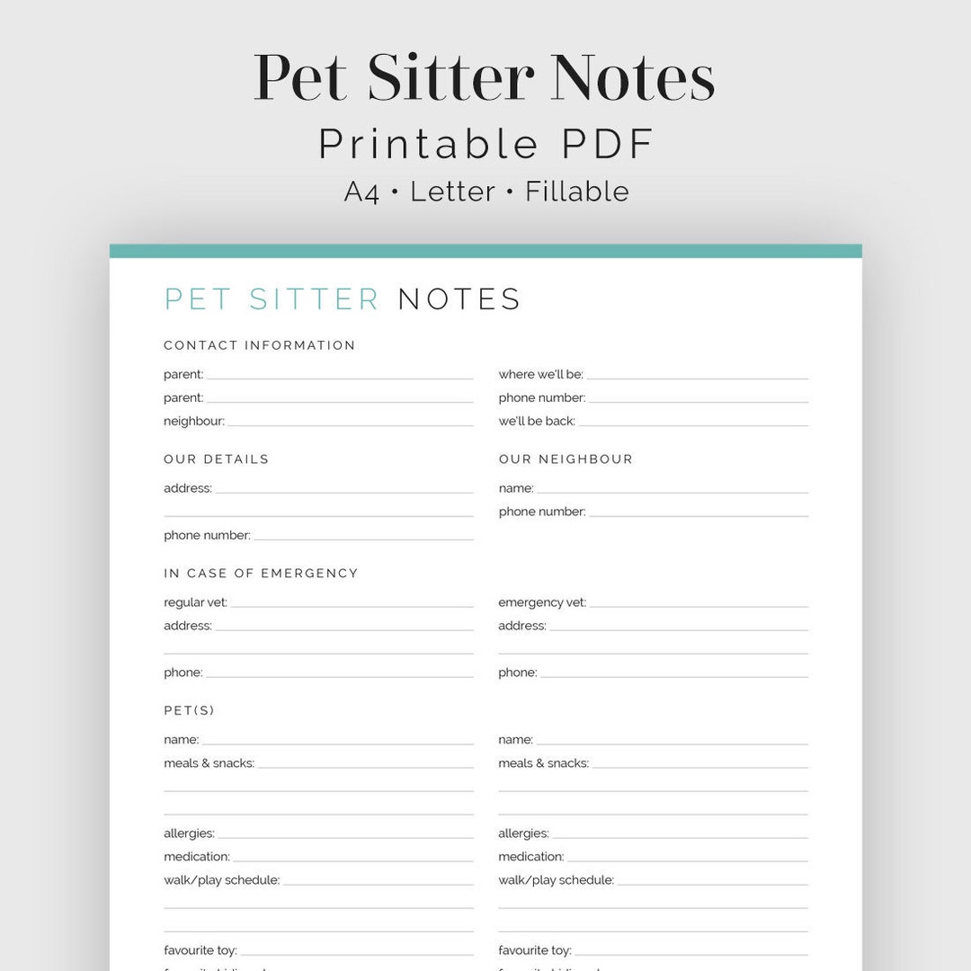 Pet Sitter Notes Fillable Printable PDF Household - Etsy