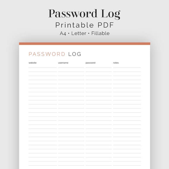 Password Log Printable PDF Fillable PDF Household Binder | Etsy