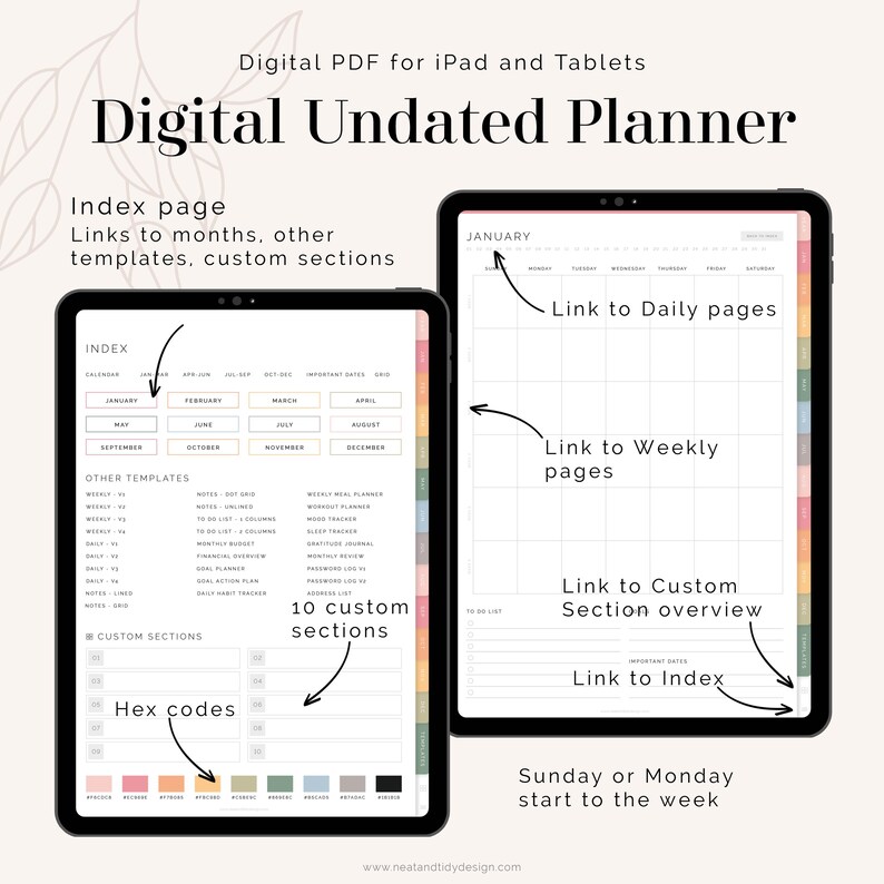 Digital Undated Planner (Rainbow) for GoodNotes | Hyperlinked, Portrait Tabbed Planner - Weekly, Daily, Monthly pages | Instant Download image 2