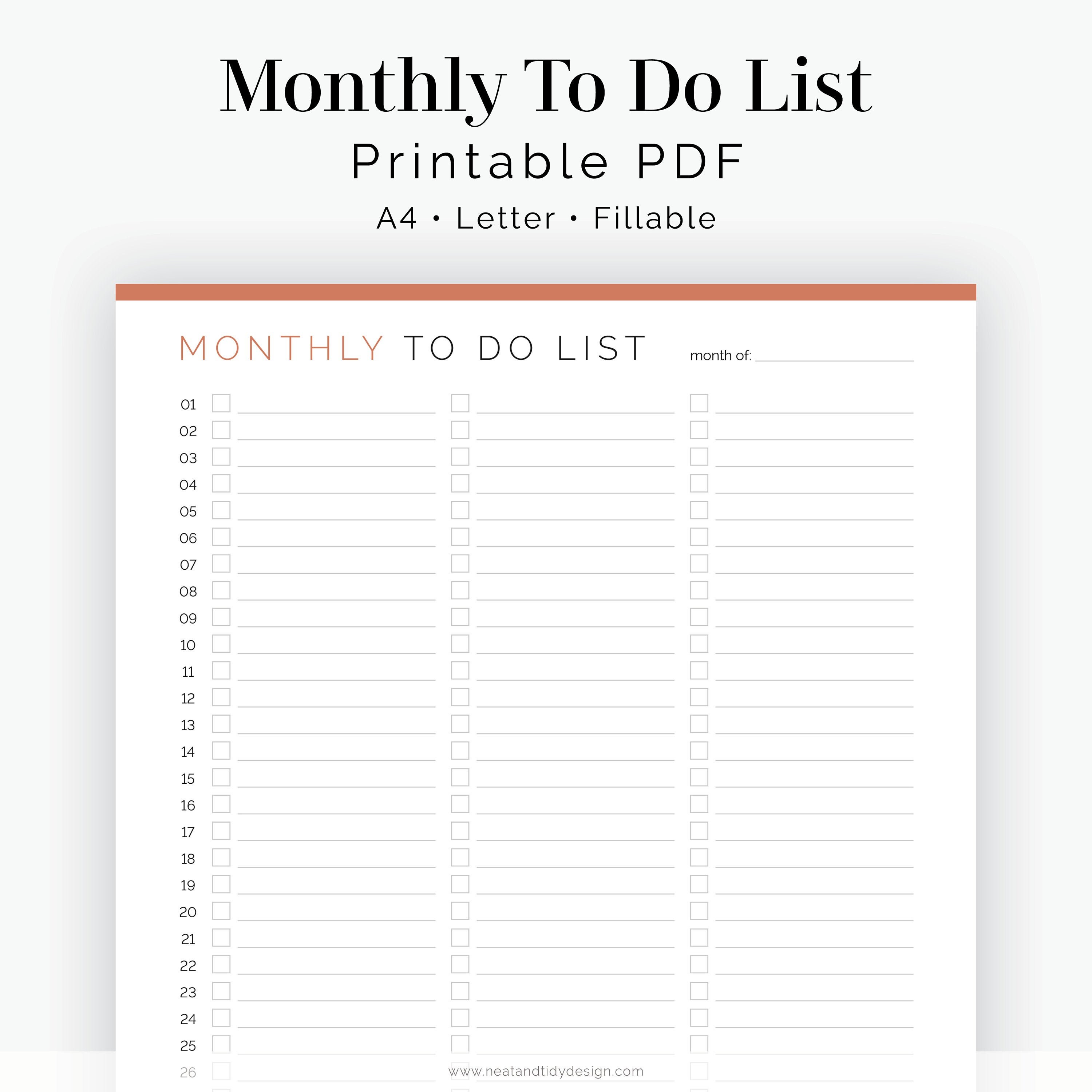 Monthly To Do List Fillable Printable PDF Task - Etsy España