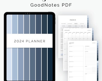 Digital 2024 Daily, Weekly, Monthly Planner for GoodNotes (Portrait) - Hyperlinked Tabs - Blue Digital Planner - Instant Download