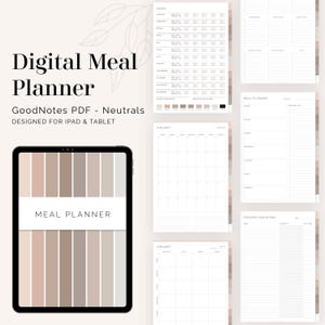 Pode incluir: Planejador de refeições digital para iPad e tablet. A imagem mostra um planejador digital com cores neutras, incluindo um tablet exibindo uma interface de planejador de refeições. Páginas adicionais incluem calendários mensais e folhas de inventário do congelador.