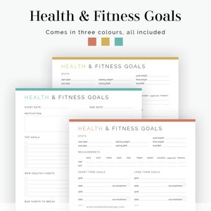 Puede incluir: Planificador de objetivos de salud y fitness imprimible en tres colores: melocot&oacute;n, dorado y verde azulado. El planificador incluye secciones para estad&iacute;sticas, objetivos principales, nuevos h&aacute;bitos saludables, malos h&aacute;bitos que romper, objetivos a corto plazo y objetivos a largo plazo.