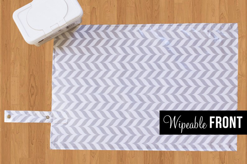 Diaper Changing Mat Waterproof Travel Changing Portable Wet Mat Diaper Bag Baby Gift Rolls Up Small & Wipes Clean GREY CHEVRON image 2