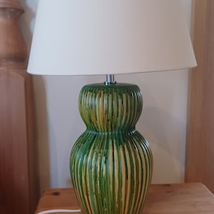 Ribbed Curved Ceramic Table lamp.  Handpainted in earthy tones, yellow, green, mustard.  Lamp with Lampshade - custom colours available