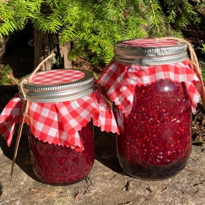 May include: Two glass jars filled with a deep red preserve, likely jam or jelly. Each jar has a silver lid and is covered with a red and white checkered fabric. The jars are tied with twine.