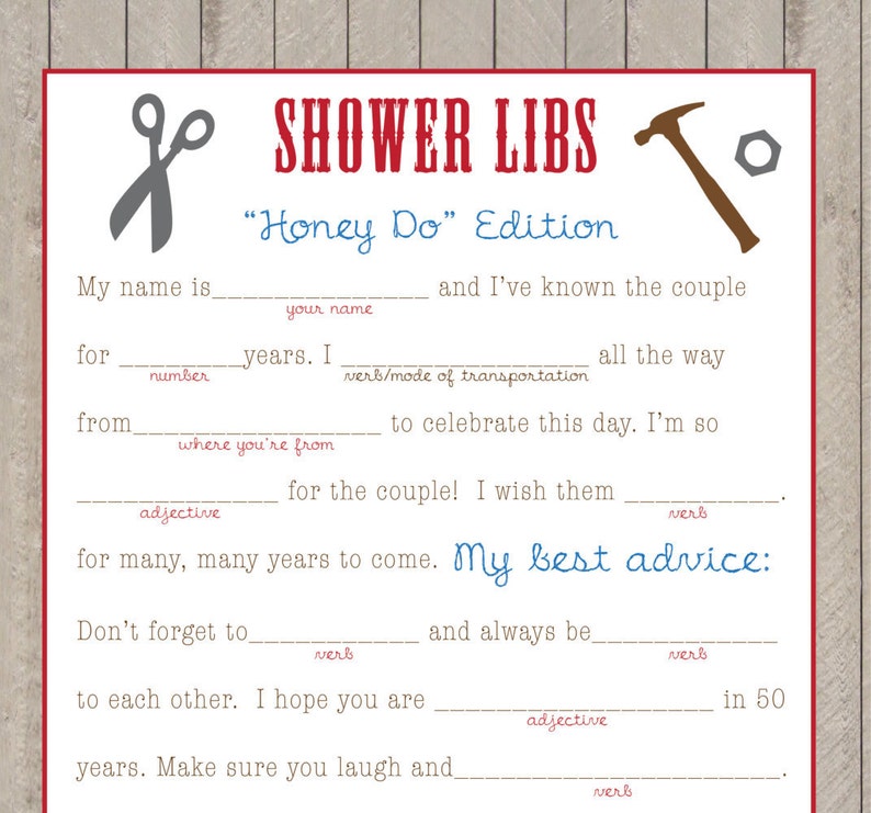 Bridal Shower Game Honey Do Shower Libs Etsy