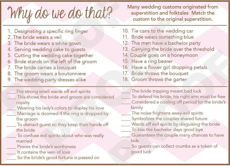 Wedding Traditions Game for the Bridal Shower or Couples Etsy