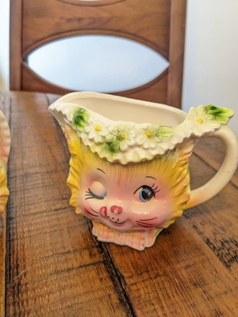 Vintage Enesco Winking Kitty Cream & Sugar With Daisies Miss Etsy